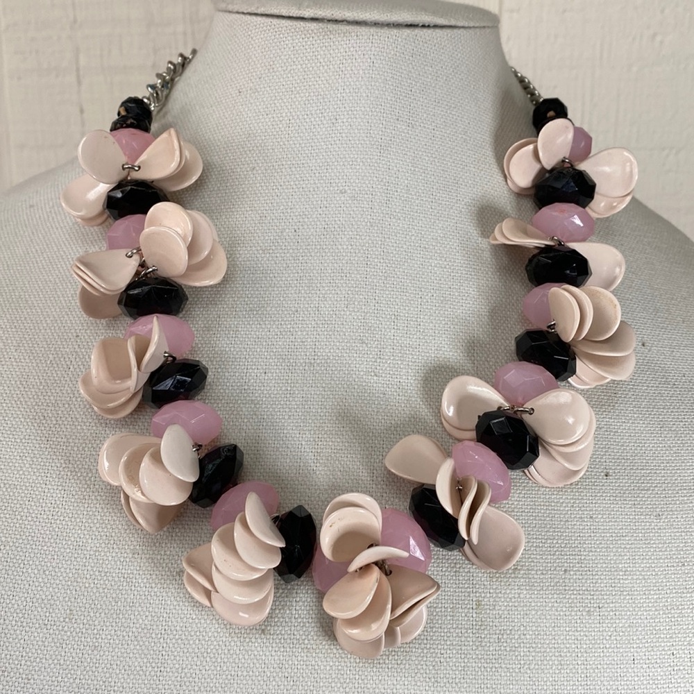 Fun flower petal pink and black bead necklace